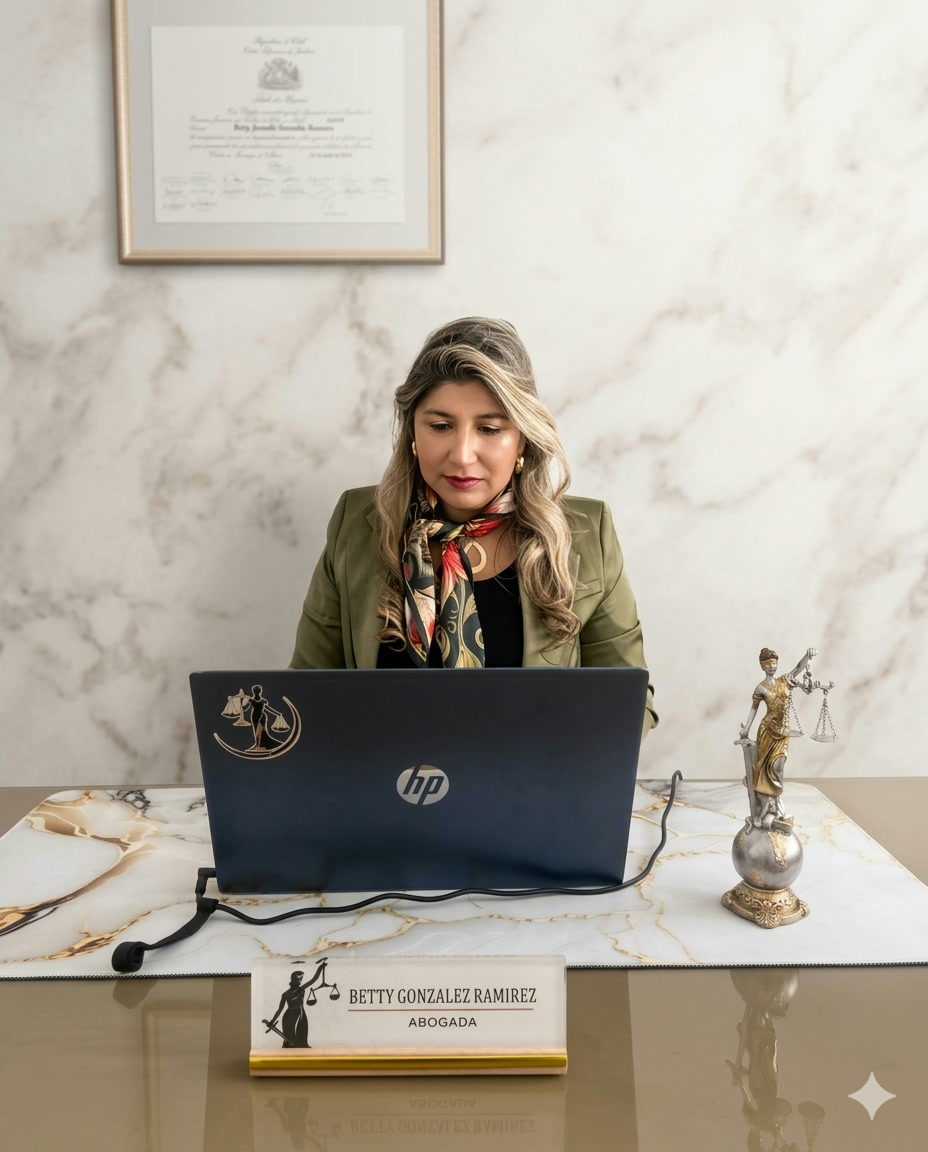 Betty González Ramírez trabajando en su escritorio, junto a su título profesional y una figura de la justicia